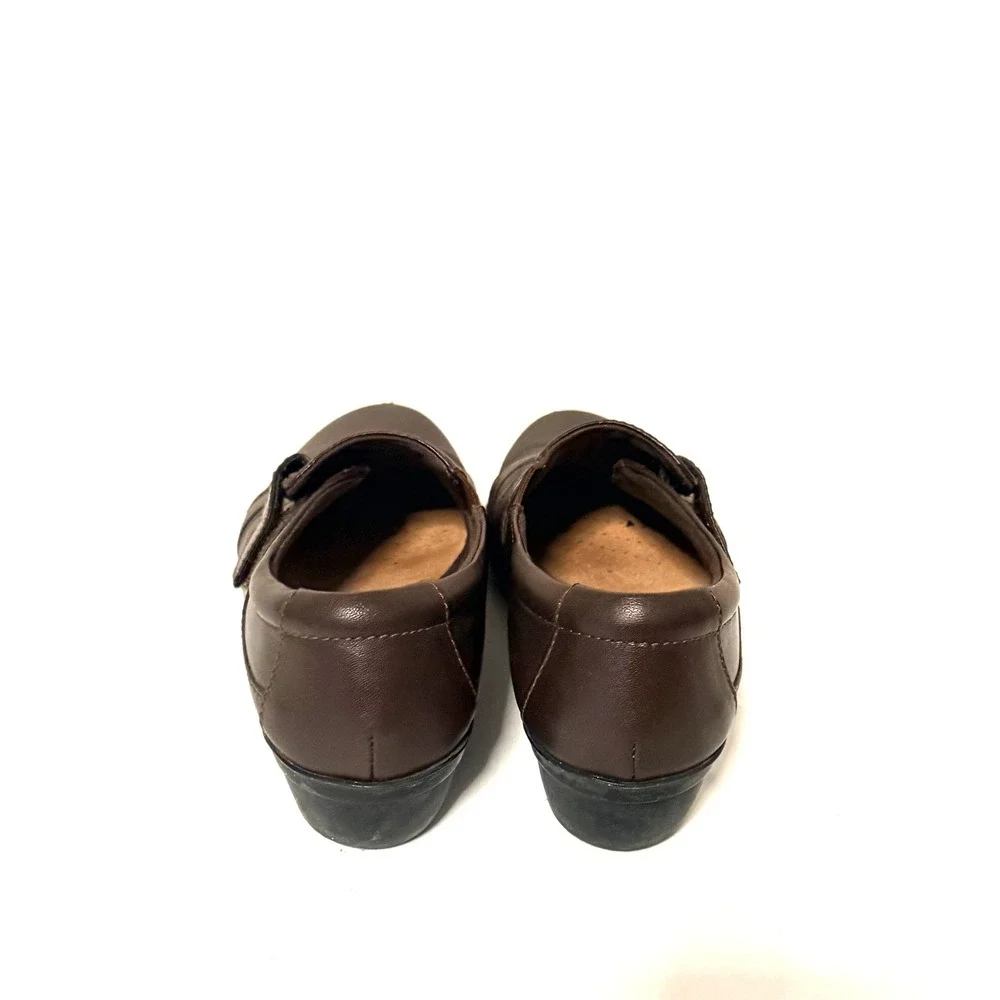 Clarks Collection Everlay Luna Shoes Sz 6 Brown Leather Hook Loop Strap Slip On